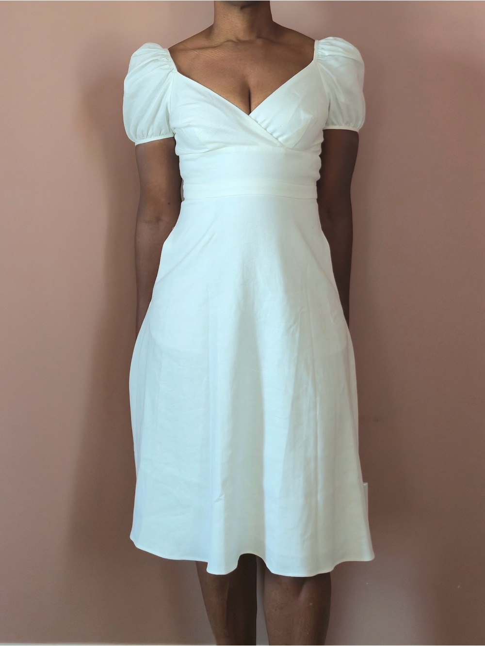 j crew | puf-sleeve v-neck midi dress | stretch linen blend | white | nwt | us 2